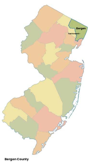 Map of New Jersey with Bergen County, NJ highlighted