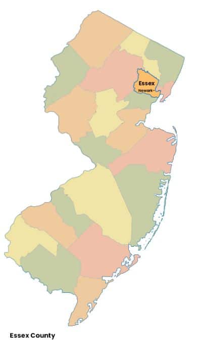 Map of New Jersey with Essex County, NJ highlighted