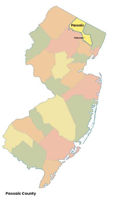 Map of New Jersey with Passasic County, NJ highlighted