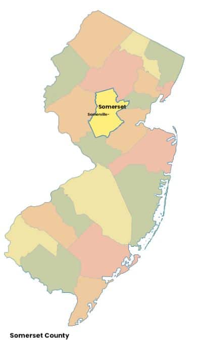 Map of New Jersey with Somerset County, NJ highlighted